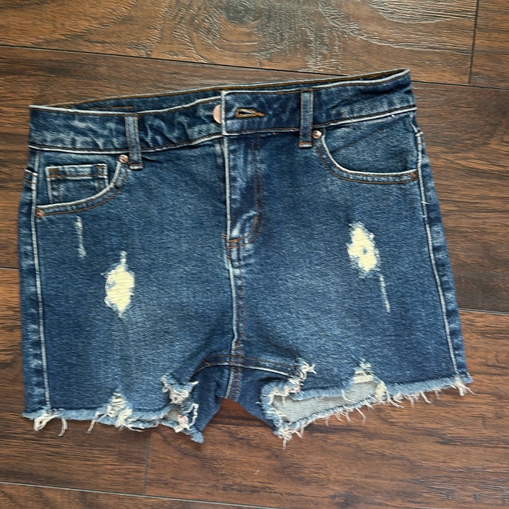 Girls dark denim distressed jeans shorts. Size 12.